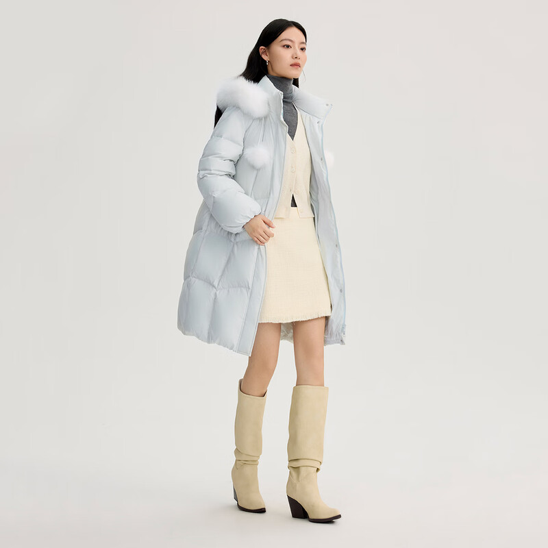 Ai Lai big fur collar down jacket women's long sweet age-reducing hooded thickened warm duck down jacket ice clear blue S