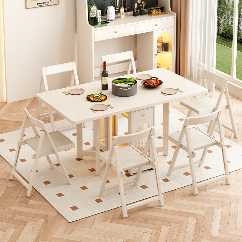 Senneng solid wood folding dining table cream style movable small-sized home Nordic retractable multi-functional dining table side cabinet 1.7 meters solid wood folding dining table + folding chairs *4