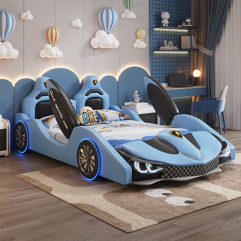 Lukasen children's bed for boys and girls, teenage boy cartoon kid cool running bed, multi-functional car bed with guardrails, single bed + 10CM natural brown mattress + bedside table*2 1.8*2 meters