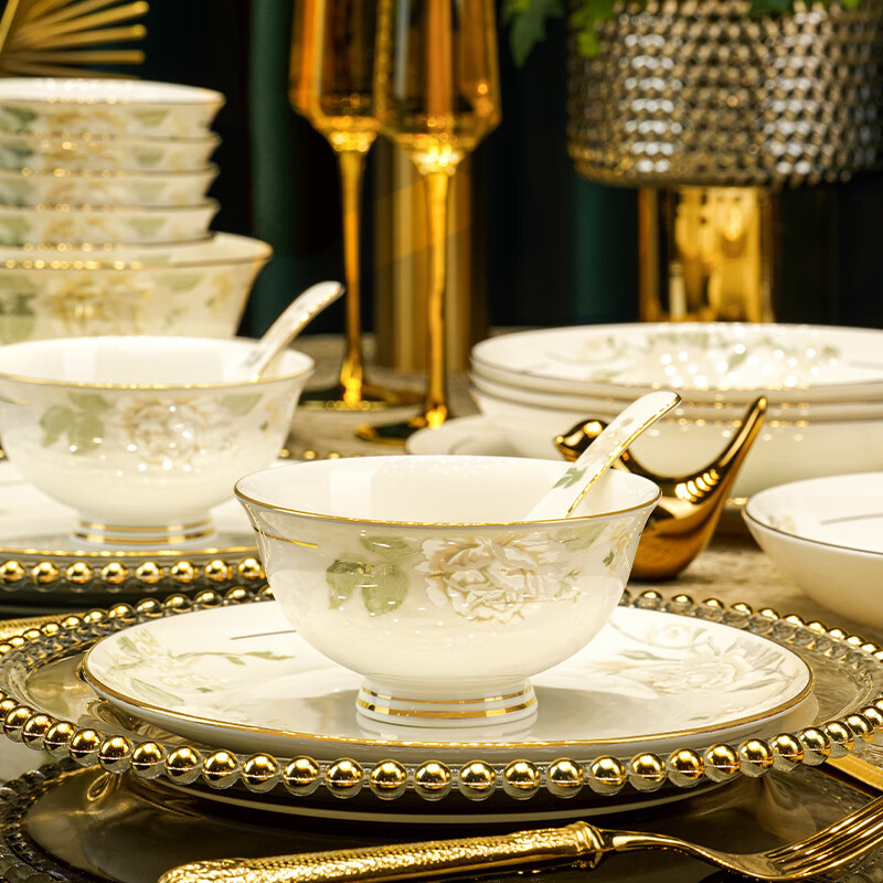 Han Ming New Year's Gift Jingdezhen Chinese-style bowls, plates and tableware complete set for home relocation bone china bowls and chopsticks set high-end upgraded version 60-piece set丨with high-end brocade box