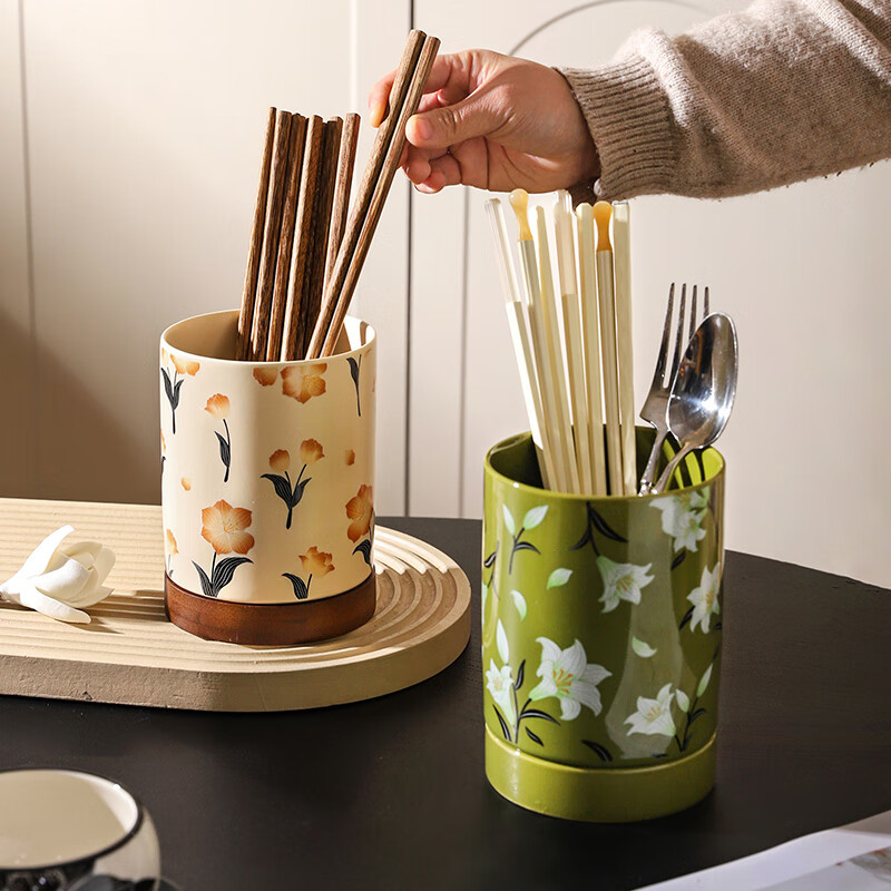 Sheri Japanese-style high-looking chopstick tube tableware storage box chopstick tube chopstick cage household ceramic drain chopsticks and spoons storage shelf beige cherry blossom style - ceramic base drainable | with base