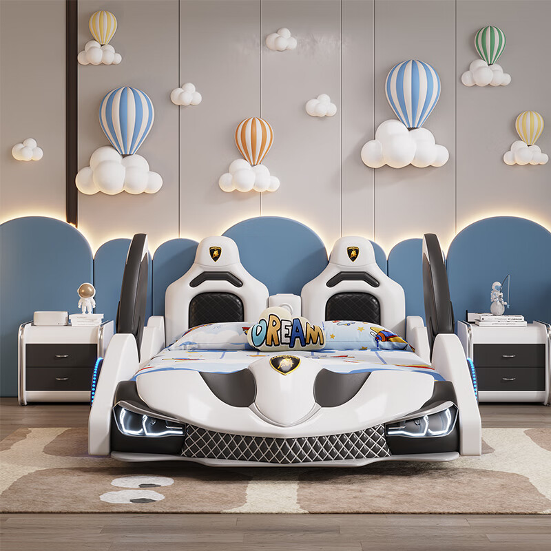 Lukasen children's bed for boys and girls, teenage boy cartoon kid cool running bed, multi-functional car bed with guardrails, single bed + 10CM natural brown mattress + bedside table*2 1.8*2 meters