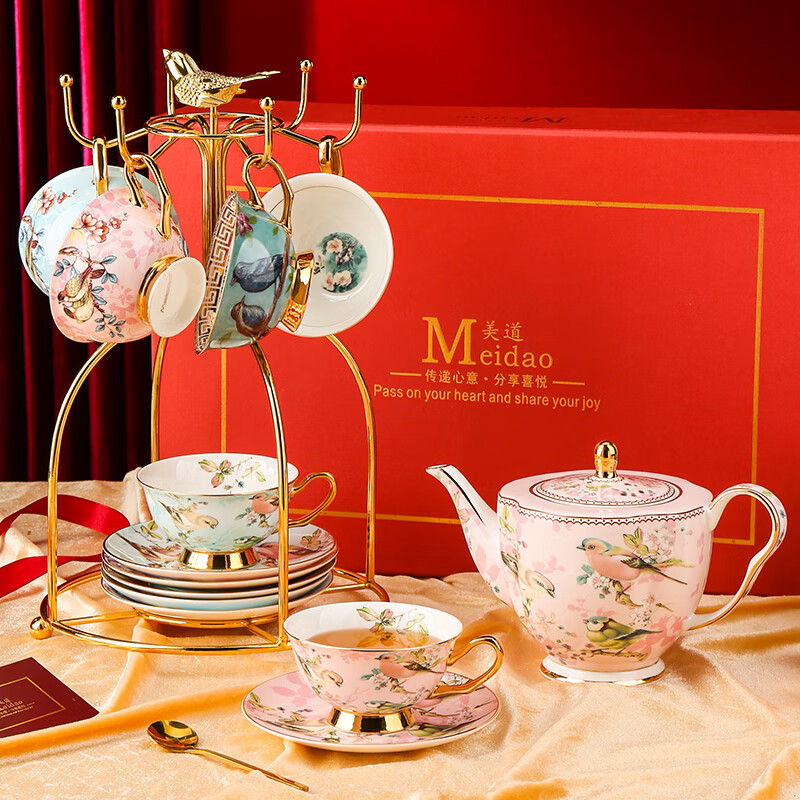 The Beauty of Forever Bone China Coffee Cup Set Gift Box Souvenir Afternoon Tea Cup for Wedding and Birthday Gift High-end 6 Cups and Saucers + Pink Bird 3-Character Pot - Red Gift Box Forever