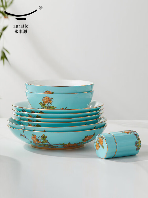 Guo Porcelain Yongfengyuan Madam Porcelain West Lake Blue 22-piece tableware set, bowls, plates, spoons, Chinese style home gift
