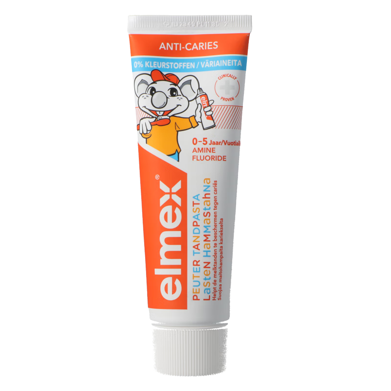 ELMEX children's toothpaste contains fluoride and is anti-moth for 0-5 year old babies. ELMEX solid teeth toothpaste 75ml plus volume.