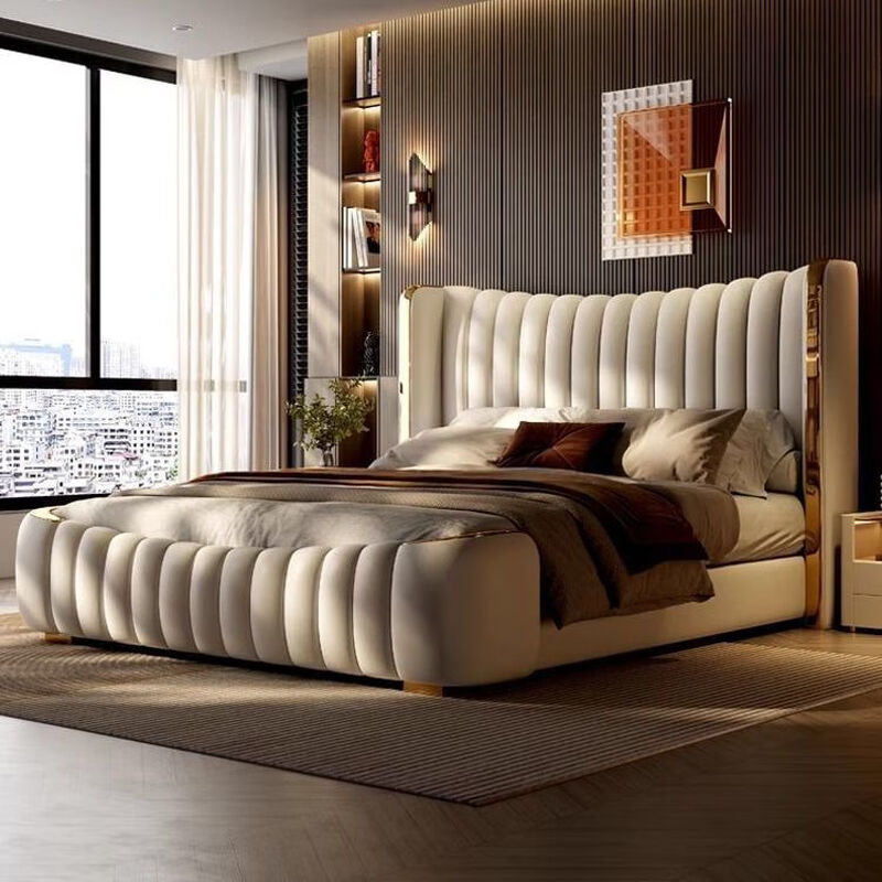 MLLHHCO German brand American light luxury master bedroom leather bed high-end atmospheric double white piano key second bedroom storage wedding bed leather bed + 9D polymer independent spring cushion 2000mm*2200mm frame structure