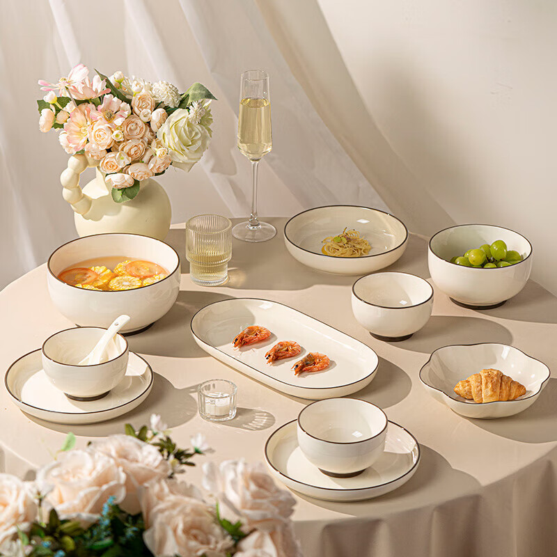 Khaki style Jingdezhen bowl and dish set household bowl complete set of ceramic tableware bowl and plate housewarming simple bowl chopsticks plate and bowl combination jade white painted brown 8-person meal (soup bowl configuration) 39-piece set