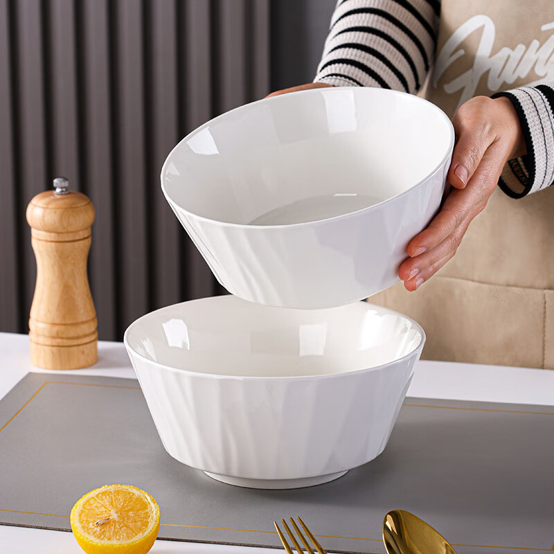 Jie Yajie ceramic soup bowl large household large noodle bowl underglaze color 7.5 inch large bowl soup basin 2 pieces white glazed