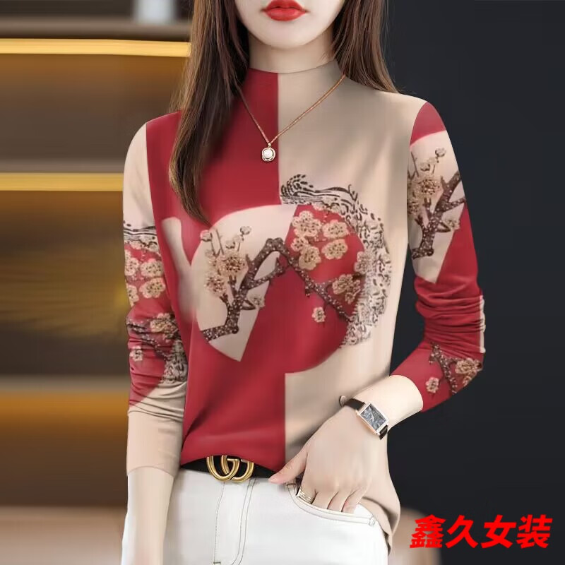 Mei Anjia bottoming shirt for women new style simple autumn and winter thin plus size women's wear with long-sleeved T-shirt top for women 30010 yellow-half-high/collar length/sleeve top 2XL recommended 125-140 catties