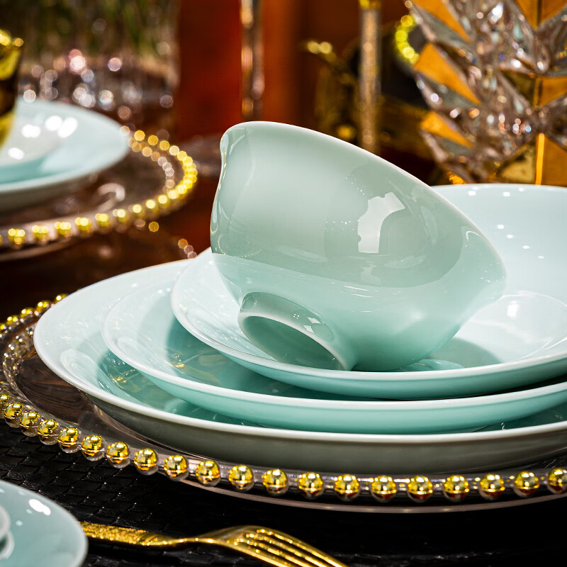 Miaoxun Jingdezhen bowls, plates and tableware set, Chinese style high temperature celadon household dishes set, high-end bowls, housewarming joy, 58 pieces of celadon for 10 people (palace pot configuration)