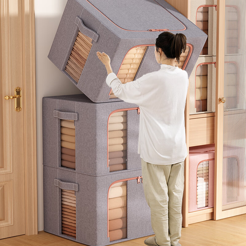 Jiebaina Clothes Storage Box Large Wardrobe Layered Storage Artifact Fabric Visual Window Folding Clothing Storage Organizing Box Nordic Gray-Single Window Thickened Cotton and Linen 110# 60*45*40 Thick Steel Frame