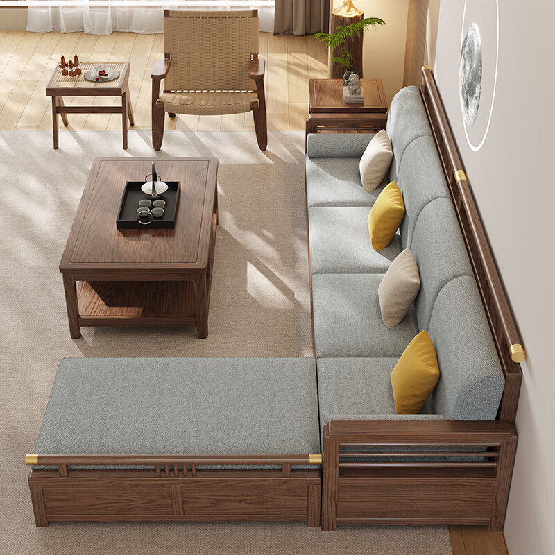 Dynasty Yijing Ash New Chinese Style Solid Wood Sofa Living Room 2026 New Modern Simple Storage Fabric Sofa Small Apartment Four Persons + Imperial Concubine (Ash)