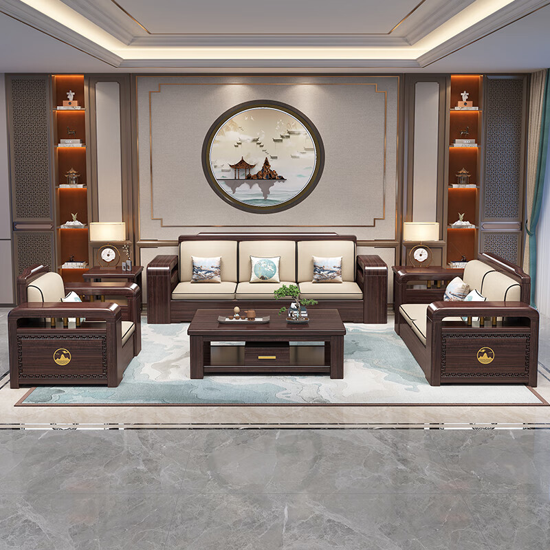Chinese family new Chinese style ebony solid wood sofa light luxury storage sofa winter and summer dual-use sofa living room 4 people + imperial concubine couch + coffee table