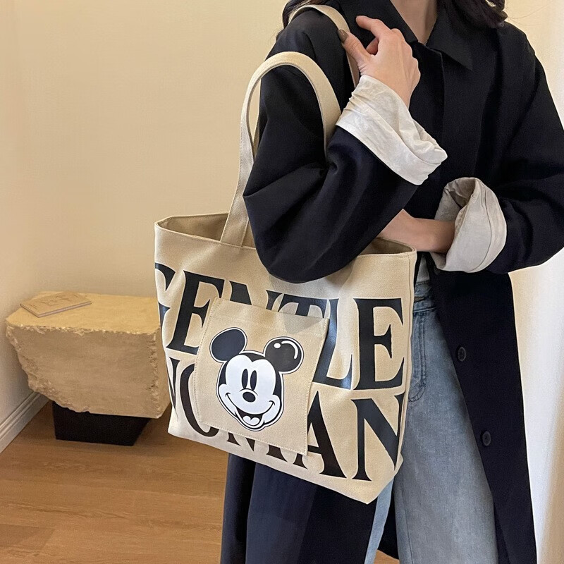 Large-capacity tote bag for women, Japanese cartoon canvas bag, versatile shoulder bag, beige medium bag