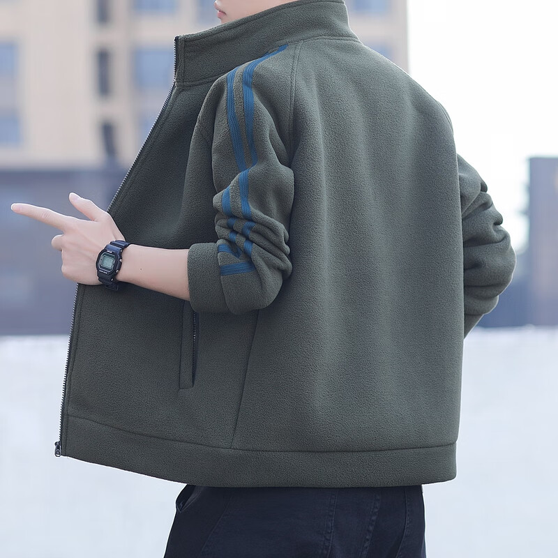 Guqian Jacket Men's Autumn and Winter Casual Loose Stand-Collar Jacket Men's Fleece Warm Striped Polar Fleece Coat Top Clothes Green L - Recommended 120-140 catties