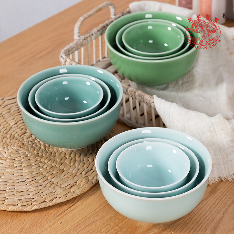 Longquan celadon rice bowl ceramic new creative Chinese tableware household thickened eating bowl large noodle soup bowl porridge bowl small bowl 5.5-inch plum green bowl