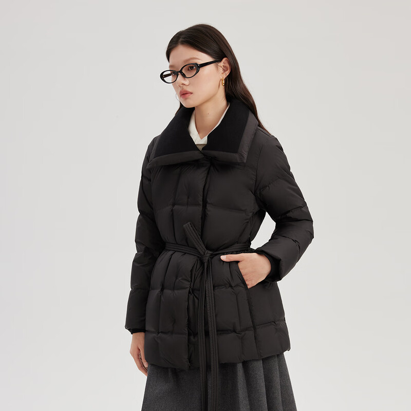 Elaiyi knitted patchwork down jacket women's mid-length coat fashionable waist winter New Year coat carbon black S