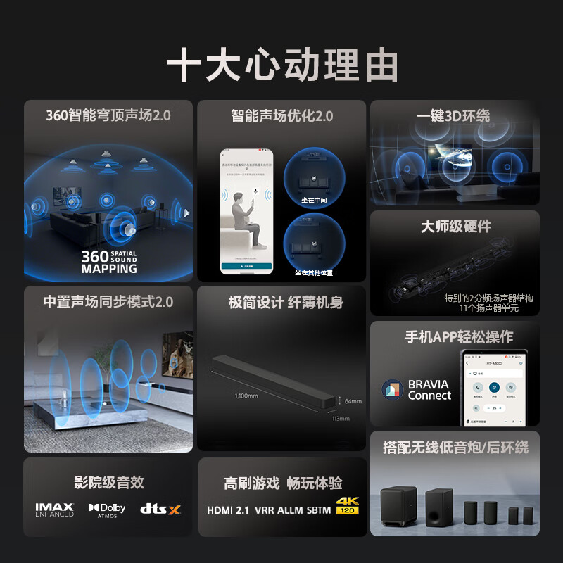 Sony (SONY) HT-A8000 Atmos Single Sound Echo Wall 360 Smart Dome 4K/120Hz VRR ALLM Soundbar Home Theater Bluetooth