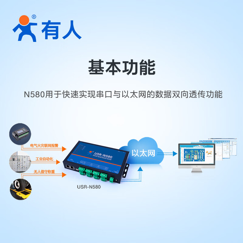 Renmin Internet of Things RS485 industrial grade eight serial port server to Ethernet Modbus gateway dual network port communication USR-N580