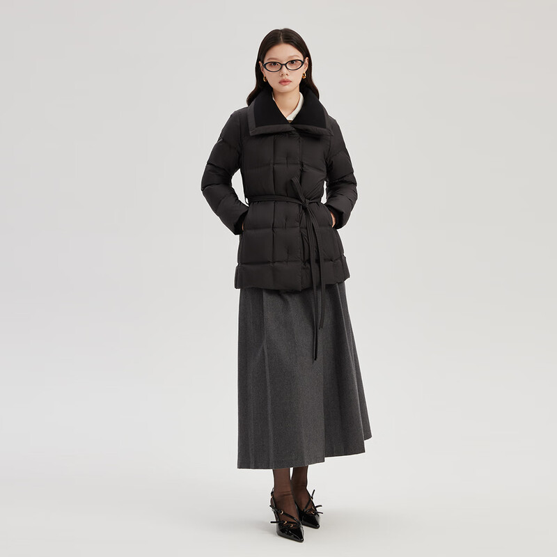 Elaiyi knitted patchwork down jacket women's mid-length coat fashionable waist winter New Year coat carbon black S