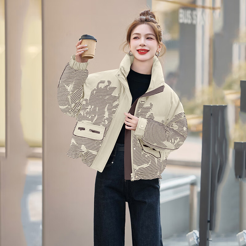 Bailanjiao Down Jacket Women's Short 2025 Winter New Style Small High-end Fashion Western Style Bakery White Duck Down Jacket Brown S (Recommended within 120 pounds)