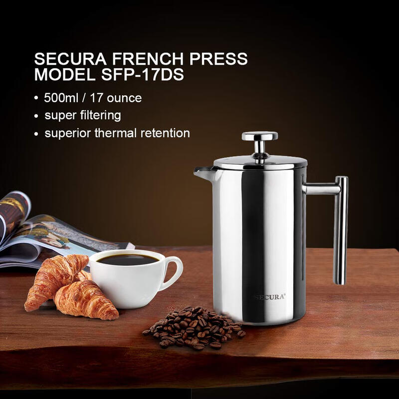 Secura 304 stainless steel French press 500ml insulated coffee pot three-layer filter manual brewing removable and washable silver 17 oz