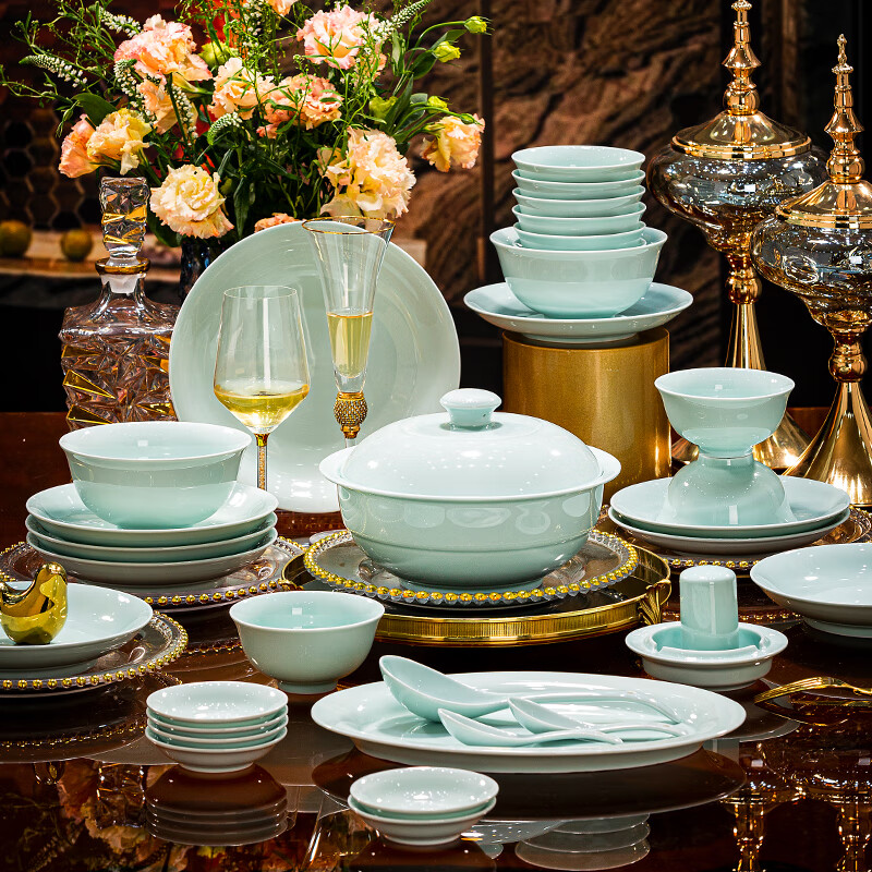 Miaoxun Jingdezhen bowls, plates and tableware set, Chinese style high temperature celadon household dishes set, high-end bowls, housewarming joy, 58 pieces of celadon for 10 people (palace pot configuration)