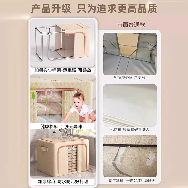 Jiebaina Clothes Storage Box Large Wardrobe Layered Storage Artifact Fabric Visual Window Folding Clothing Storage Organizing Box Nordic Gray-Single Window Thickened Cotton and Linen 110# 60*45*40 Thick Steel Frame