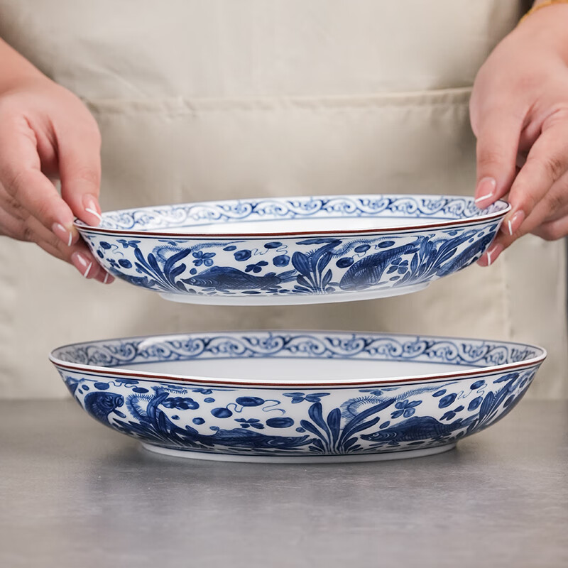 Jingdezhen tableware complete set Jingdezhen red leaf ceramic glaze medium blue and white porcelain rich fish bowl and plate tableware set housewarming gift Yuan blue and white rich fish tableware set 60 pieces
