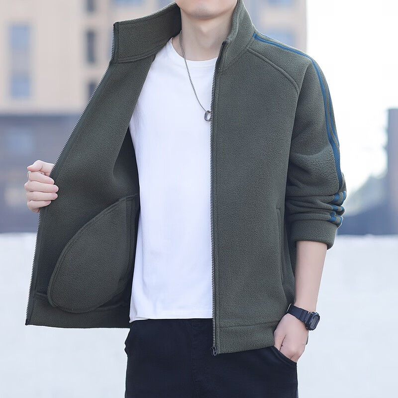 Guqian Jacket Men's Autumn and Winter Casual Loose Stand-Collar Jacket Men's Fleece Warm Striped Polar Fleece Coat Top Clothes Green L - Recommended 120-140 catties
