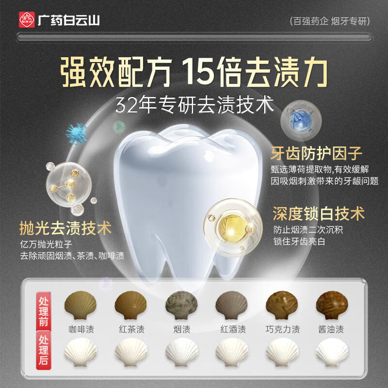 Baiyunshan toothpaste removes tooth stains, brightens, removes yellow, removes tobacco stains, removes oral odor, freshens breath, cares for gums 120g*3 sticks