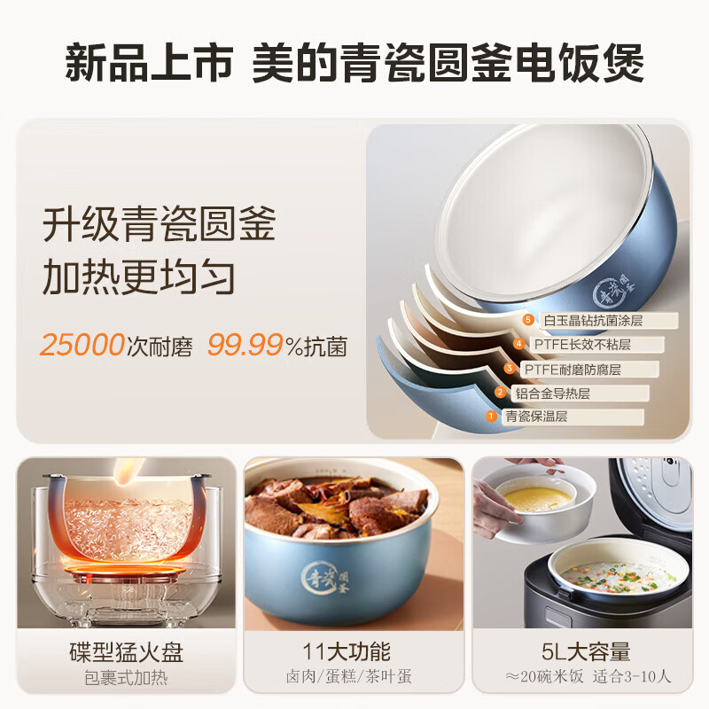 Midea rice cooker 5 liters large capacity rice cooker 5-6-8-10 people household antibacterial celadon inner pot micro-pressure firewood rice smart multi-functional all-in-one multi-purpose cooking rice porridge stew braised cake 5 liters industry hot model 5th generation celadon antibacterial inner pot 5L