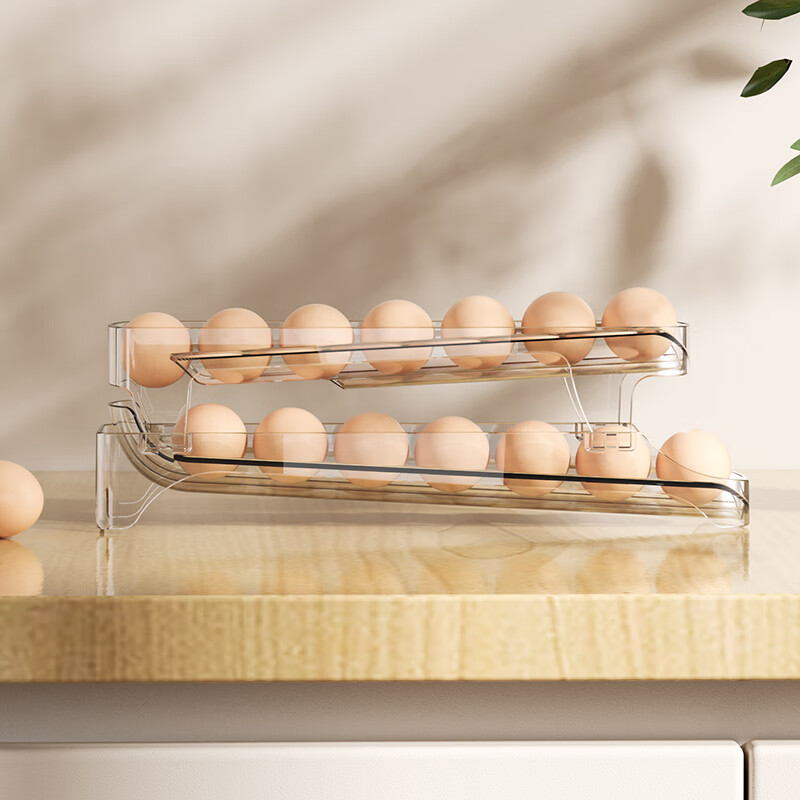 Shijiaji rolling egg storage box refrigerator with side door for egg cartons, automatic rolling egg rack holder for rolling egg cartons, egg compartments, 2 transparent black (can hold about 30 eggs), automatic rolling filling of eggs