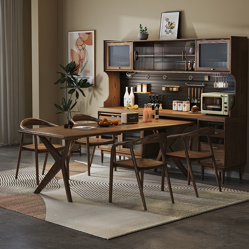 Weekend island coffee machine operation table Nordic solid wood sideboard dining table integrated wall high cabinet with built-in table wine cabinet living room 165*45*180 (with power track) Walnut 1