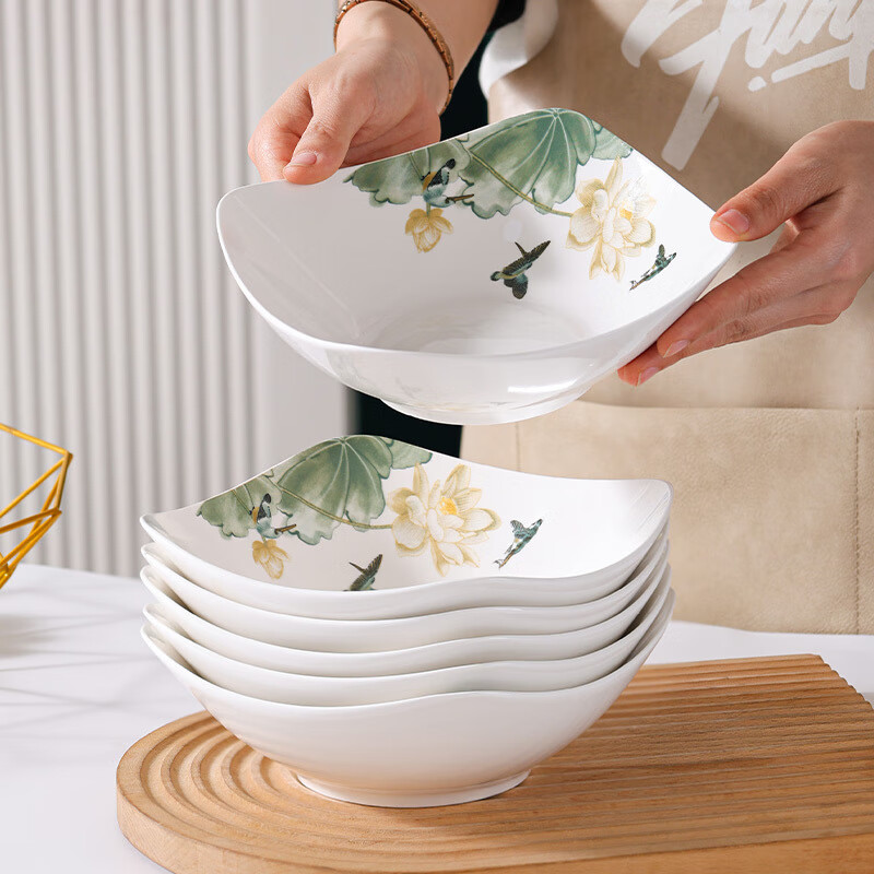 Huanjin Sifang Plate Household Ceramic Plate Tableware Dish Plate Thickened Anti-scald Fruit Plate Soup Plate Rice Plate Cold Dish Plate Salad Plate (Shuimu Tsinghua) 8-inch square plate 4 pcs