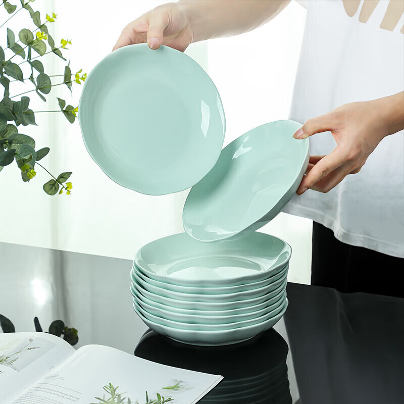 Tao Xianghui plate ceramic home deep plate 4 sets microwave dinner plate rice plate soup plate 8-inch dish shadow celadon plate