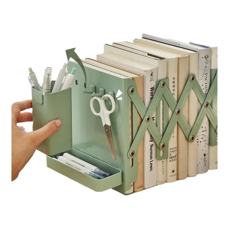 Class 2, Grade 3, Desktop retractable book stand, book storage rack with pen holder, book clips, fixed book stand, student table folding bookshelf for high school student classroom, extra thick, matcha green + pen holder + storage box + hook