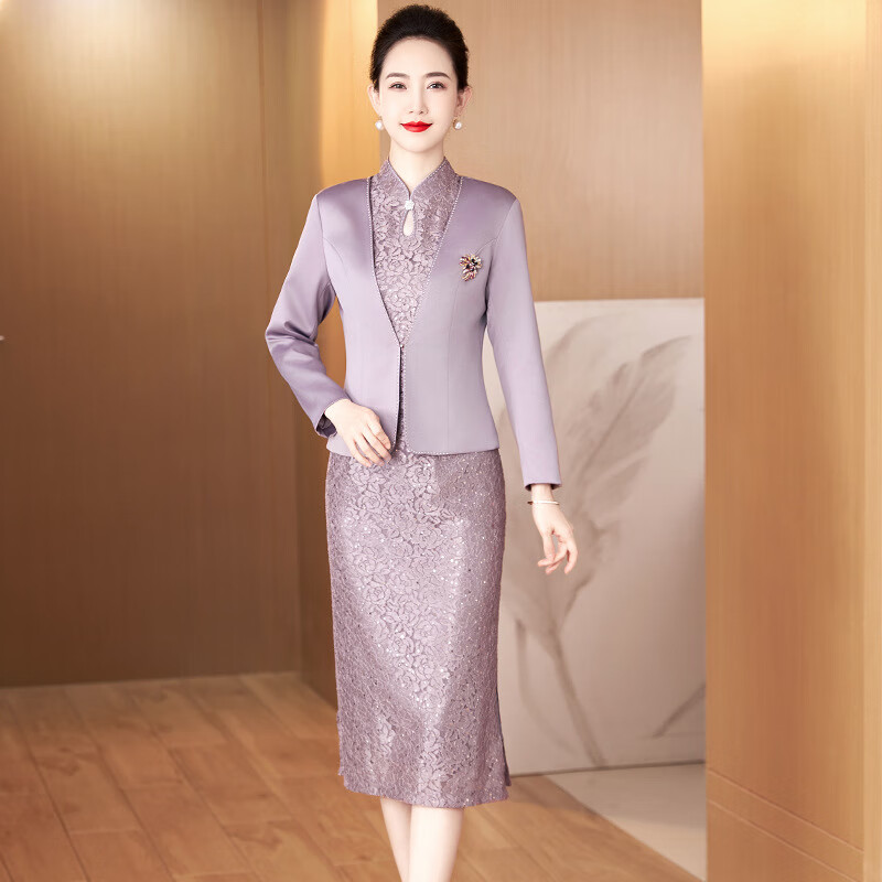 Drop-off station cheongsam dress, spring and summer slimming, high-end banquet dress, grandma dress, wedding banquet, noble, can be worn at ordinary times, purple suit M