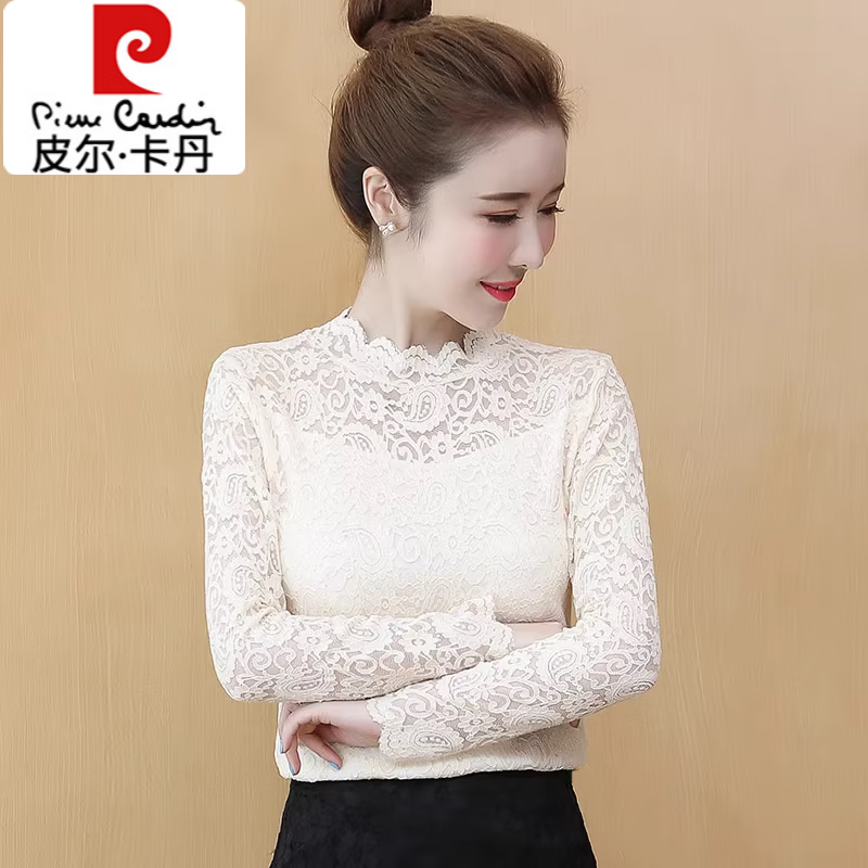 Pierre Cardin Half Turtle Collar Mesh and Velvet Bottoming Shirt for Women Autumn and Winter 2023 New Style Internal Style Fashionable Lace Top High-end Black (Autumn Style) L 106-115 Jin