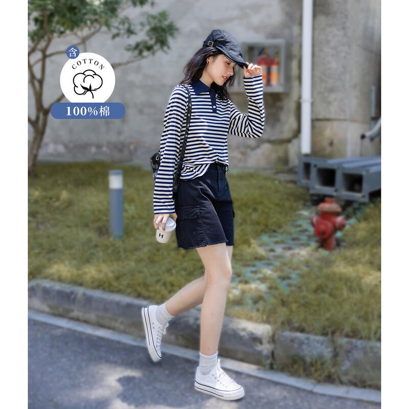 Demana New Interpretation of Stripes 100% Cotton Fresh Contrast Color Striped Polo Collar Versatile Women's T-Shirt Navy L