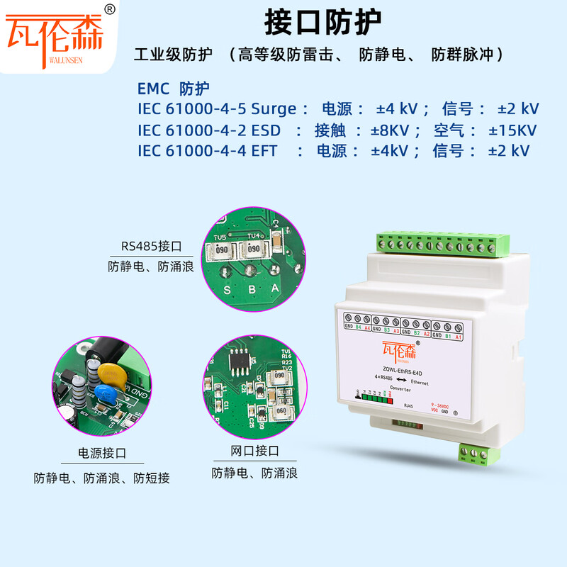 Valensen DIN rail serial server 4-way RS485 to Ethernet module ModBus RTU/TCP gateway