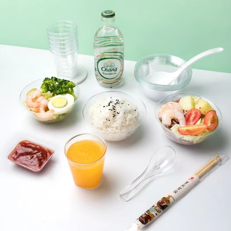 Shenfu disposable tableware and chopsticks set combination hard plastic barbecue bowl thickened aviation crystal dishes horn space bowl 10-person set crystal style (1 pack)