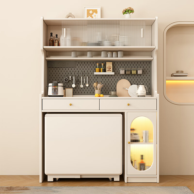 Senneng solid wood folding dining table and chair combination small apartment retractable dining table multi-functional cream style white stowable folding table 1.4m single dining table + sideboard + chair *2