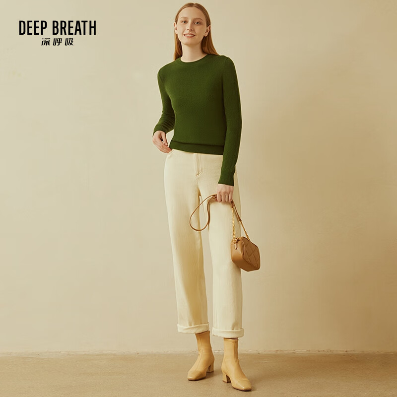 Deep Breathe DEEP BREATH Women's Round Neck Knitted Bottoming Pure Cashmere Sweater Women A300341 Olive Green M (3)