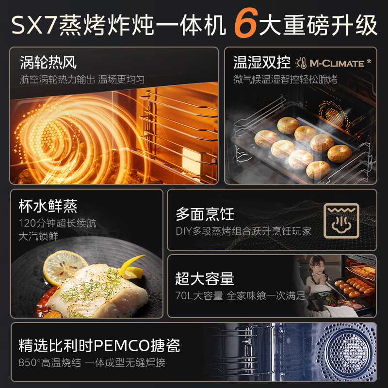 Midea 70L large-capacity embedded steaming oven all-in-one machine, aviation turbine hot air, dual temperature and humidity control, 13.4-inch large color screen, steaming, baking, frying and stewing 4-in-1 SX7