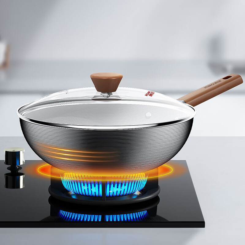 Konbach uncoated pot set, refined iron wok 304 stainless steel soup pot, household stir-fry, soup and noodles, home 3-piece set, 32cm wok + 20cm soup pot, 3-piece set