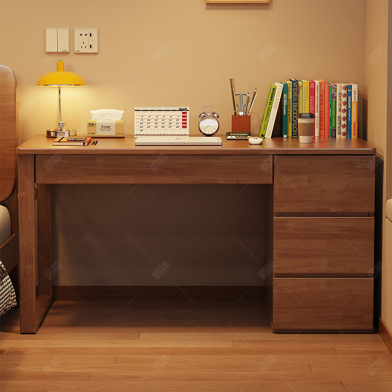 Pengneng home computer desk solid wood simple modern bedroom work writing desk with cabinet integrated student study desk and chair black walnut color # desk imported rubber wood no veneer 100cm*60cm*75cm