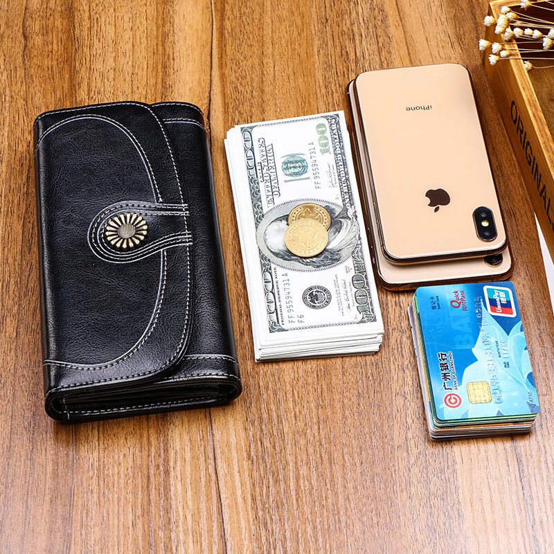 Viney cowhide wallet women's long large capacity multi-card slot multi-functional clutch bag simple light luxury student coin purse women black retro leather wallet wallet card holder