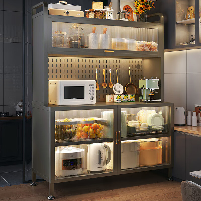 Zhongtao kitchen storage rack sideboard cabinet floor-standing multi-functional microwave oven tableware oven utensils storage cabinet extra thick gray 5 layers 100 + spice rack x 2 free hook + universal wheel + foot pad + perforated board