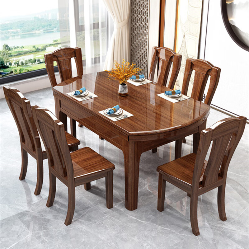 Tang Gong golden sandalwood solid wood dining table and chairs, a complete set of high-end small apartment retractable square table for 10 people, sandalwood color, one table and six chairs, 1.35m, all solid wood